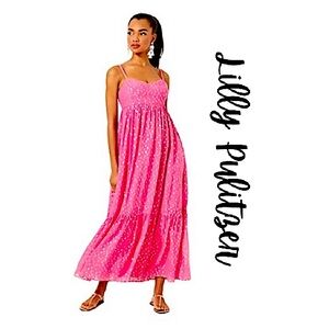 Lilly Pulitzer Hiedi Smocked Maxi Aura Pink & Gold Beachwear Sundress Womens 12
